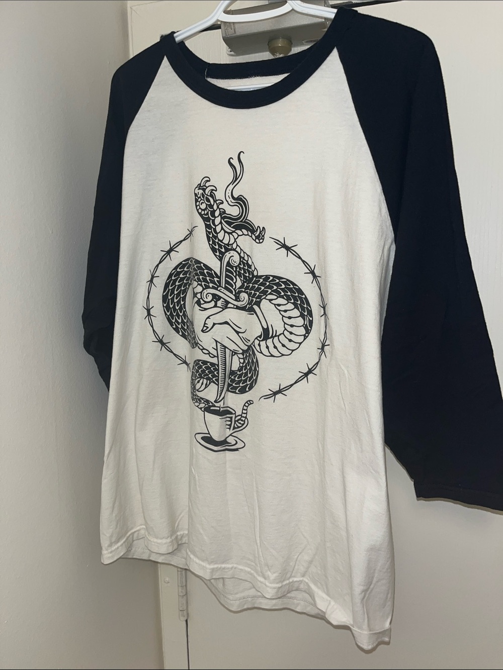 Black & White Long(3/4) Sleeve Raglan Tee with Snake Graphic